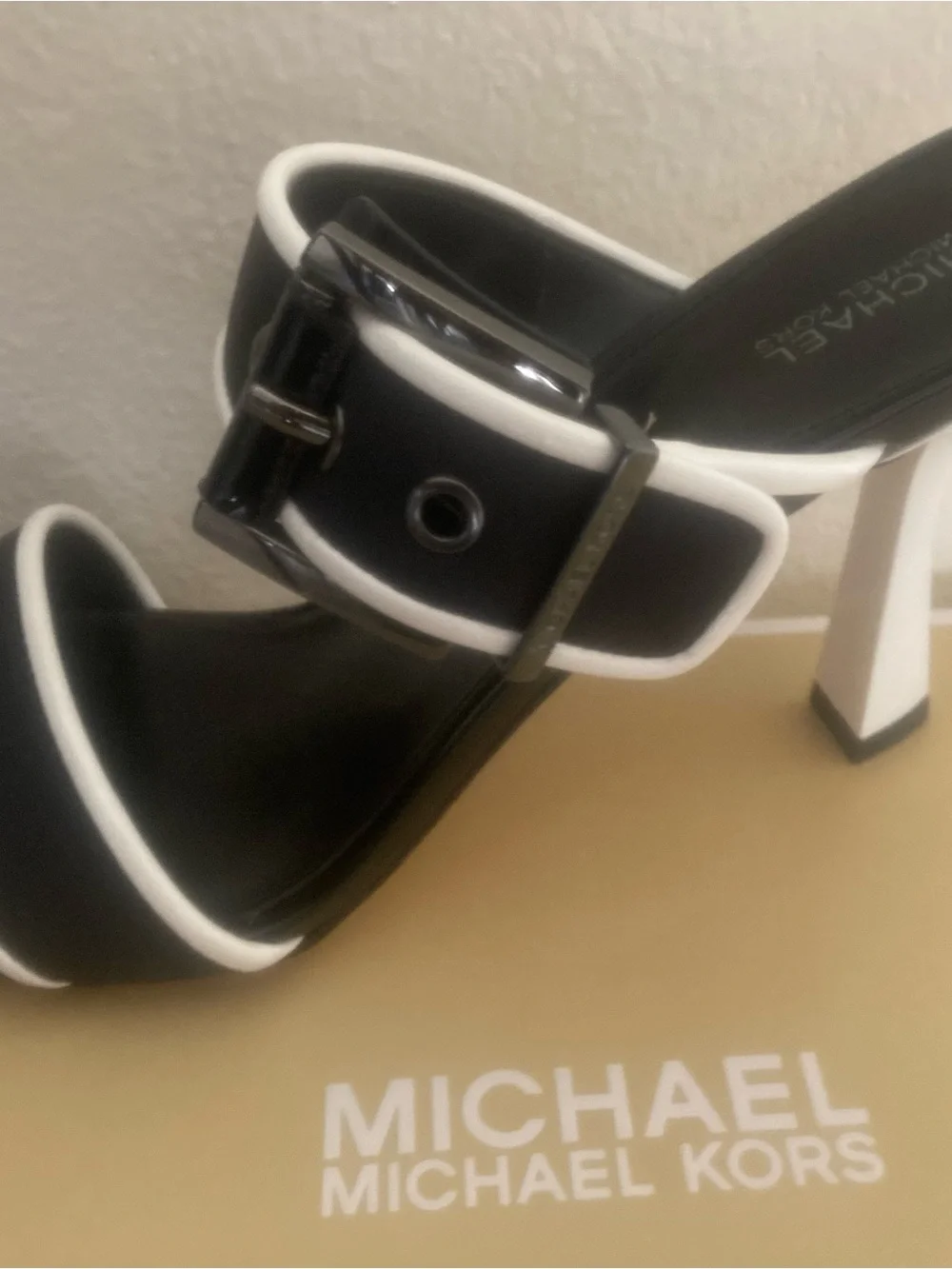 Michael Kors Black Colby Neoprene Heeled Sandal Slides with White Piping